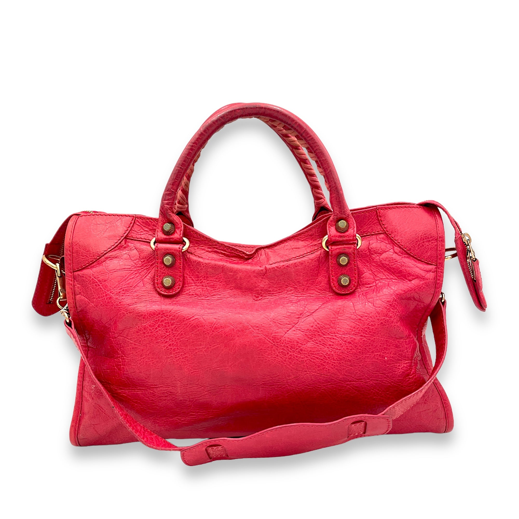 City Top Handle Bag Medium Pink in Distressed Leather, Gold hardware