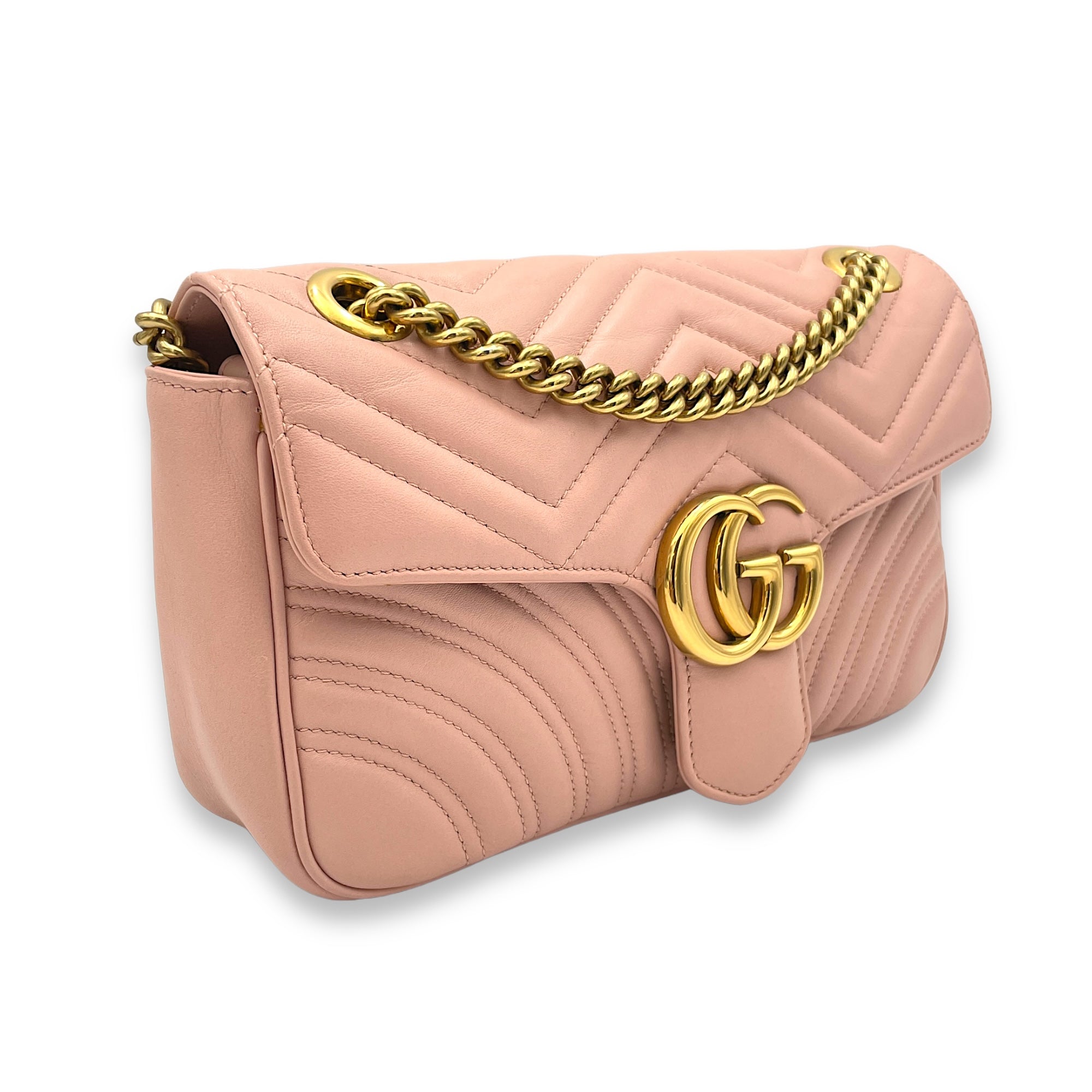 GG Marmont Shoulder Bag Small Pink in Calfskin, Gold hardware