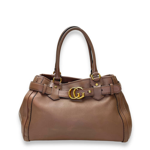 GG Running Brown Top Handle Bag in Calfskin, Gold hardware