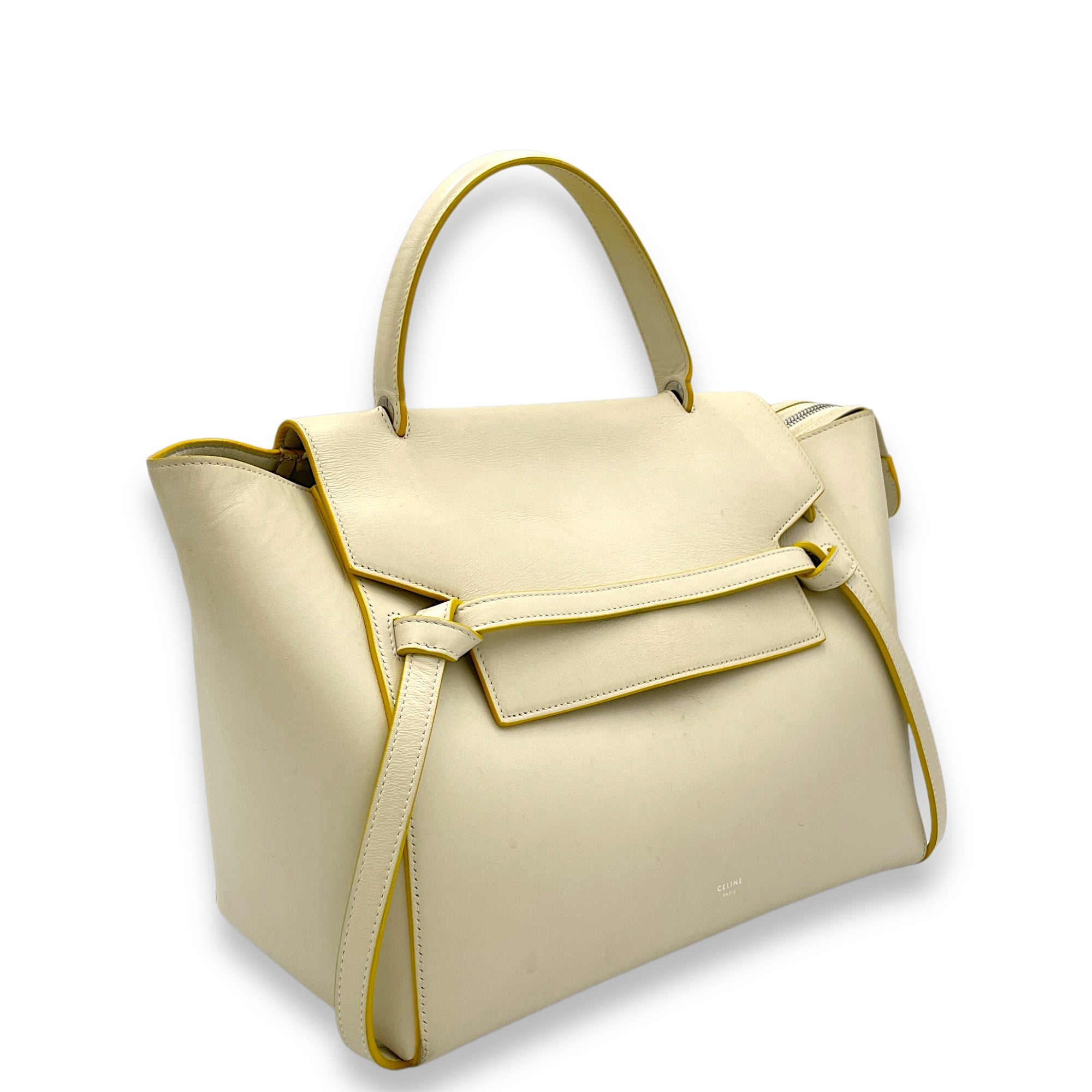 Belt Mini White Top Handle Bag in Calfskin, Silver hardware