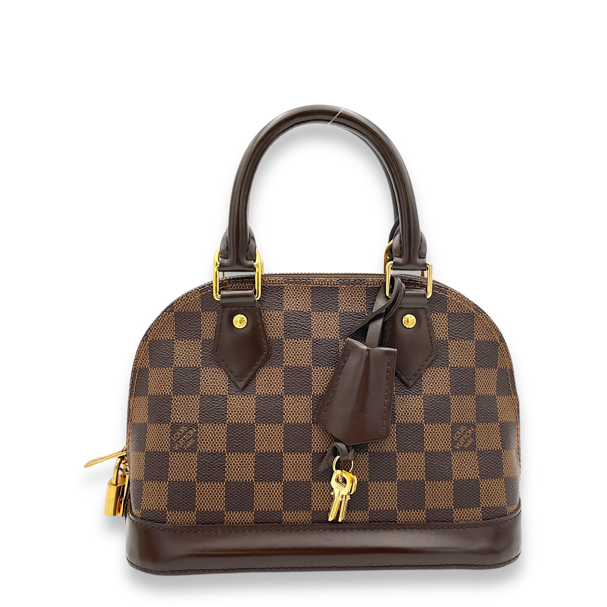 Alma BB Damier Ebene Top Handle Bag in Coated Canvas, Gold hardware