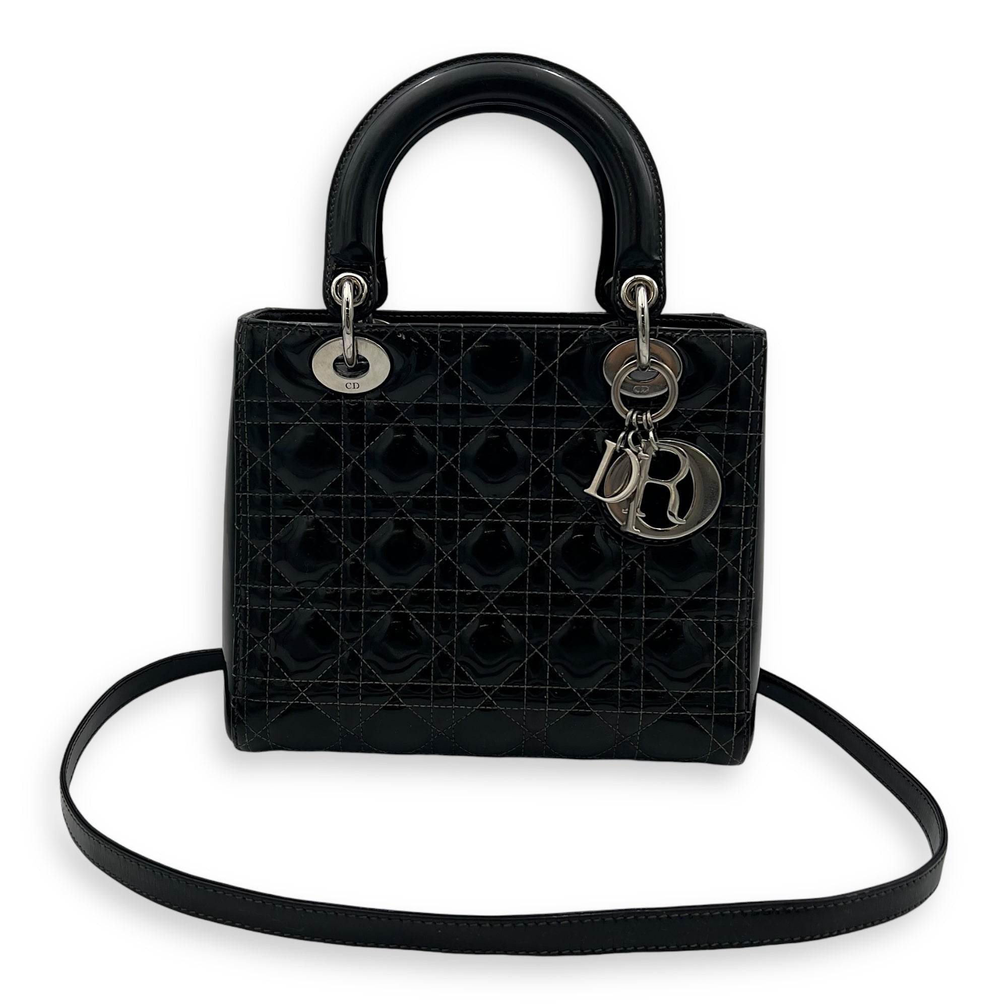 Lady Dior Top Handle Bag Medium Black in Patent Leather, Silver hardware