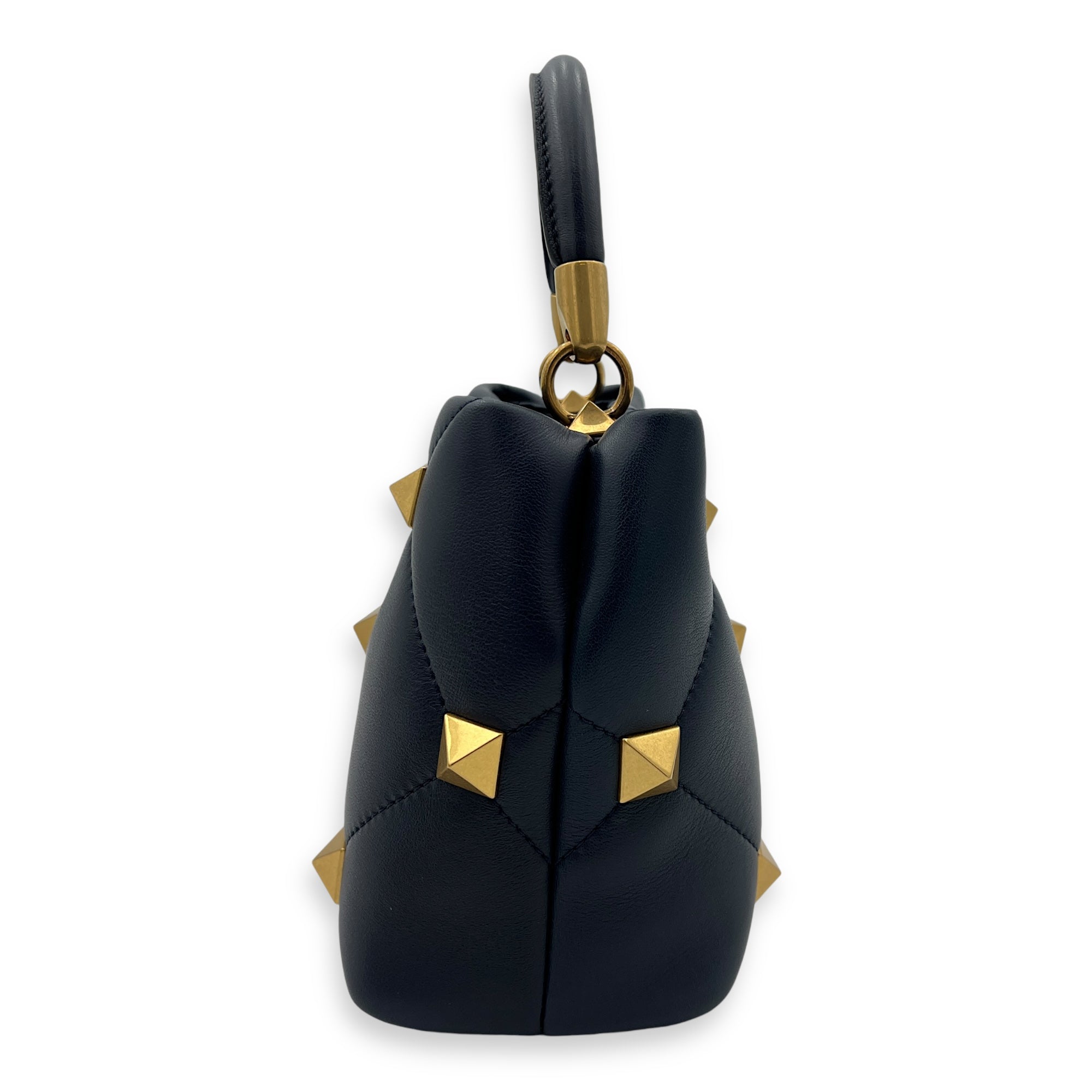 Roman Stud Top Handle Bag Small Navy in Calfskin, Gold hardware