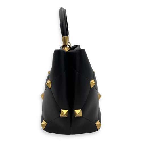 Roman Stud Top Handle Bag Medium Black in Calfskin, Gold hardware