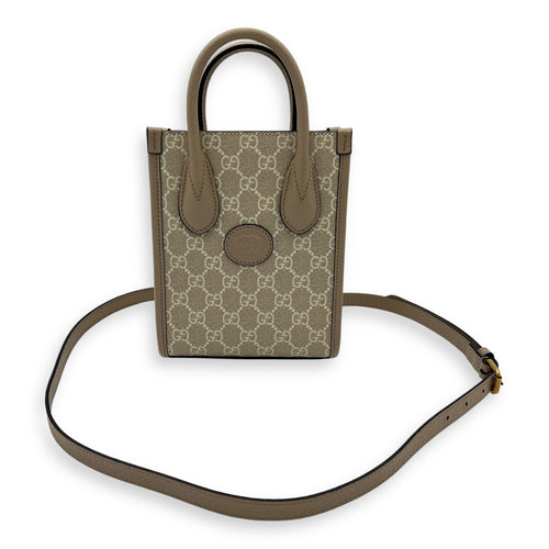 Interlocking G Tote Bag Mini Beige in Coated Canvas, Brushed Gold hardware