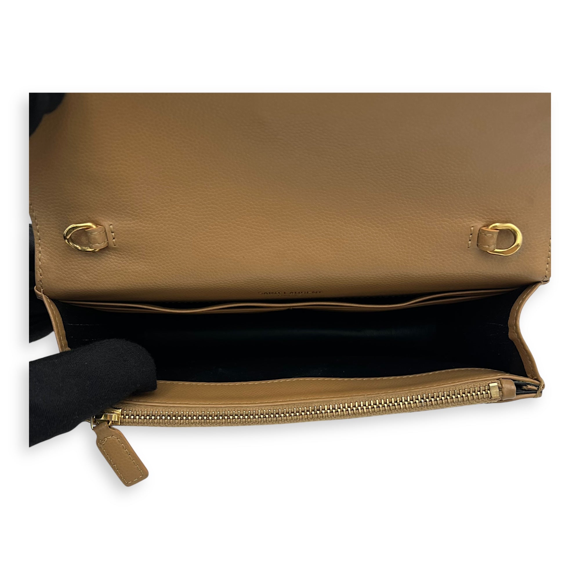 Saint Laurent Cassandre Wallet On Chain Beige in Calfskin, Gold hardware_6