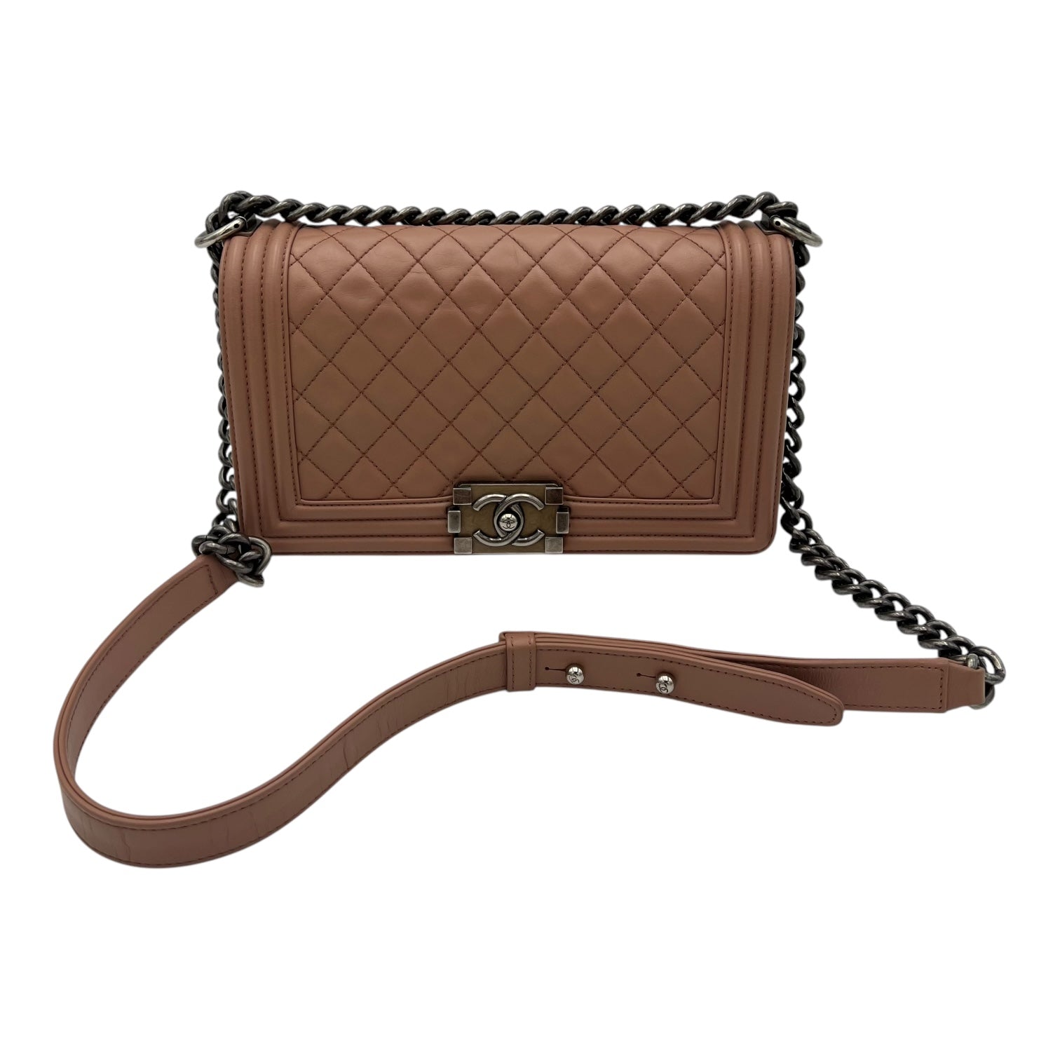 Chanel Boy Shoulder Bag Pink in Calfskin, Ruthenium hardware_10