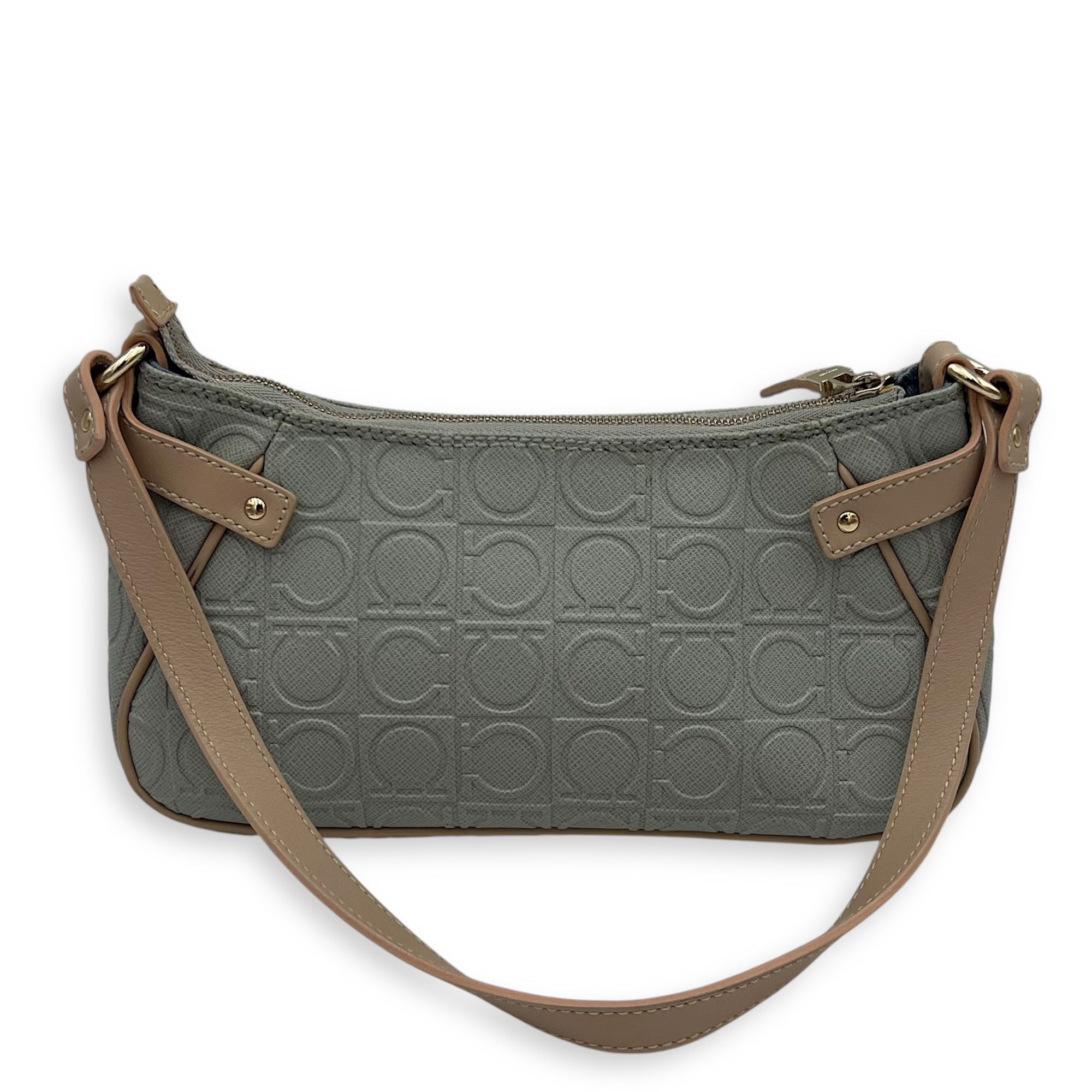 Salvatore Ferragamo Gancini Shoulder Bag Beige in Calfskin, Gold hardware_2