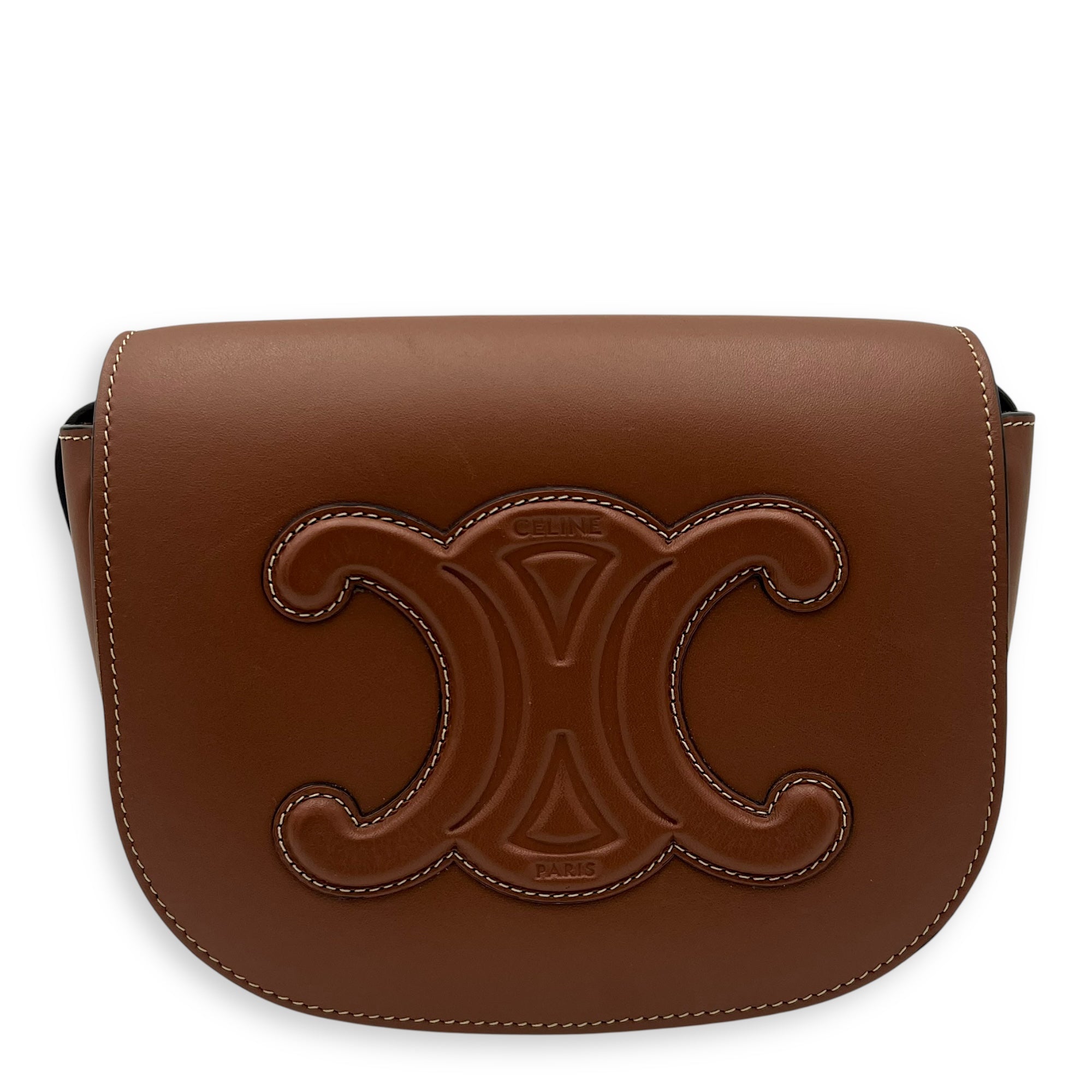 Celine Folco Crossbody Bag Brown in Calfskin, Gold hardware_1