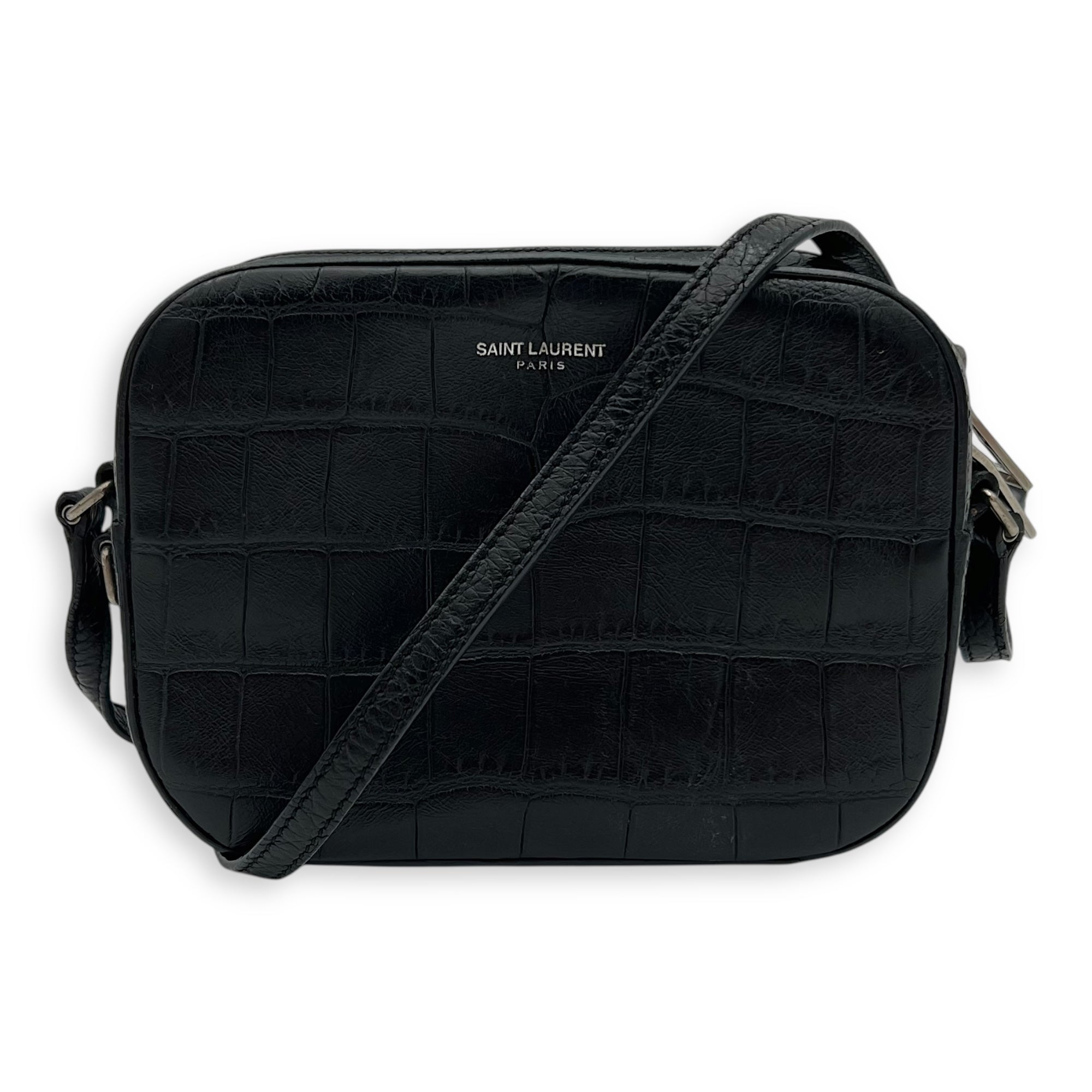 Saint Laurent Camera Crossbody Bag Beige in Crocodile Embossed Calfskin, Silver hardware_10