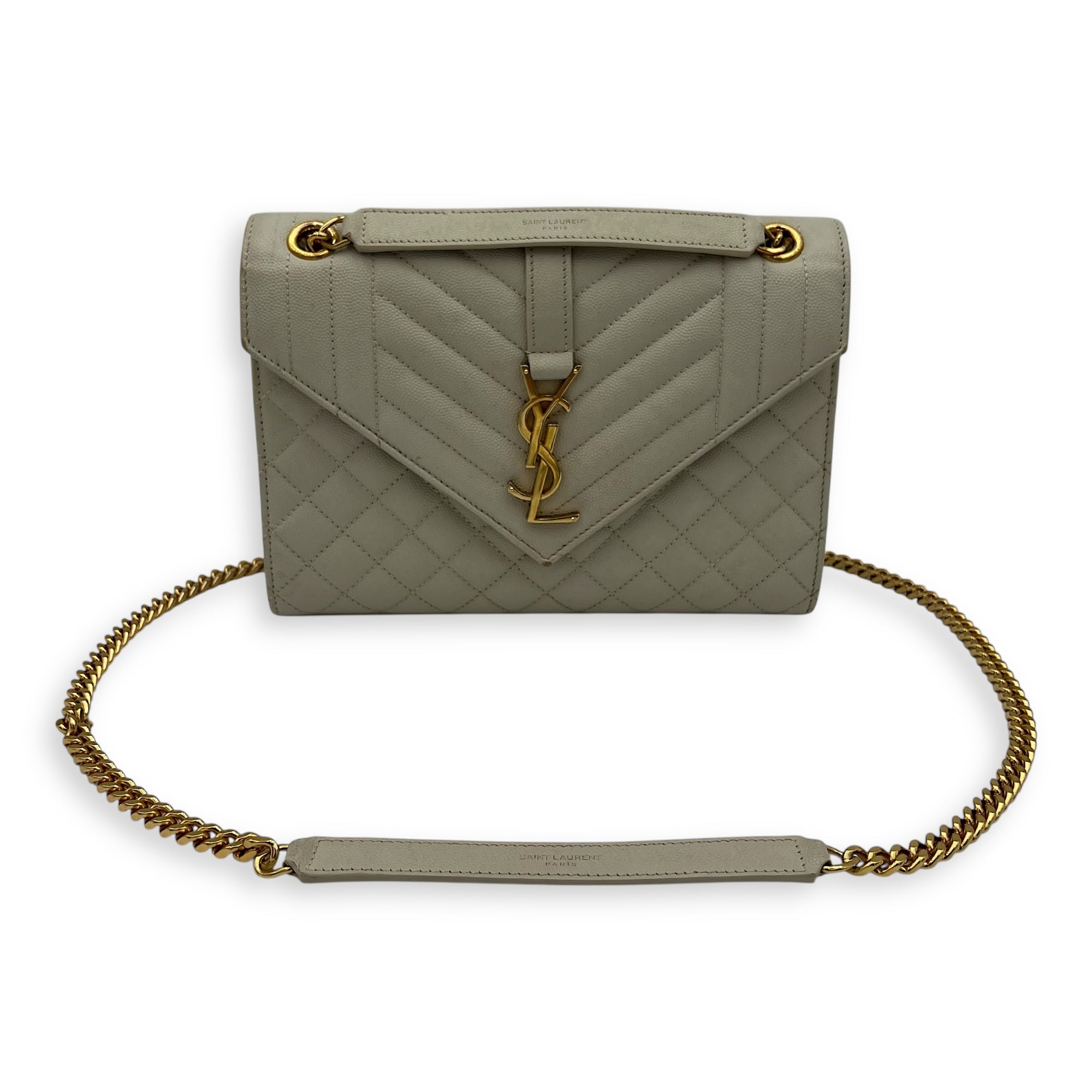 Saint Laurent Envelope Shoulder Bag White in Caviar Leather, Gold hardware_16