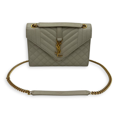 Saint Laurent Envelope Shoulder Bag White in Caviar Leather, Gold hardware_16