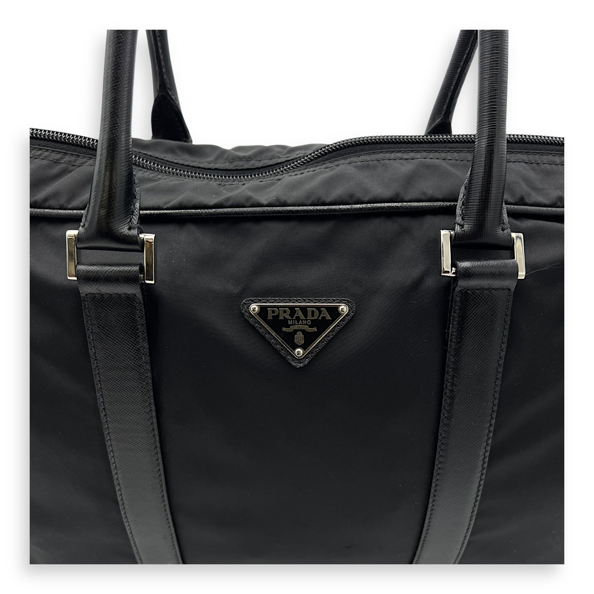 Prada Logo Top Handle Bag Black in Nylon, Silver hardware_7