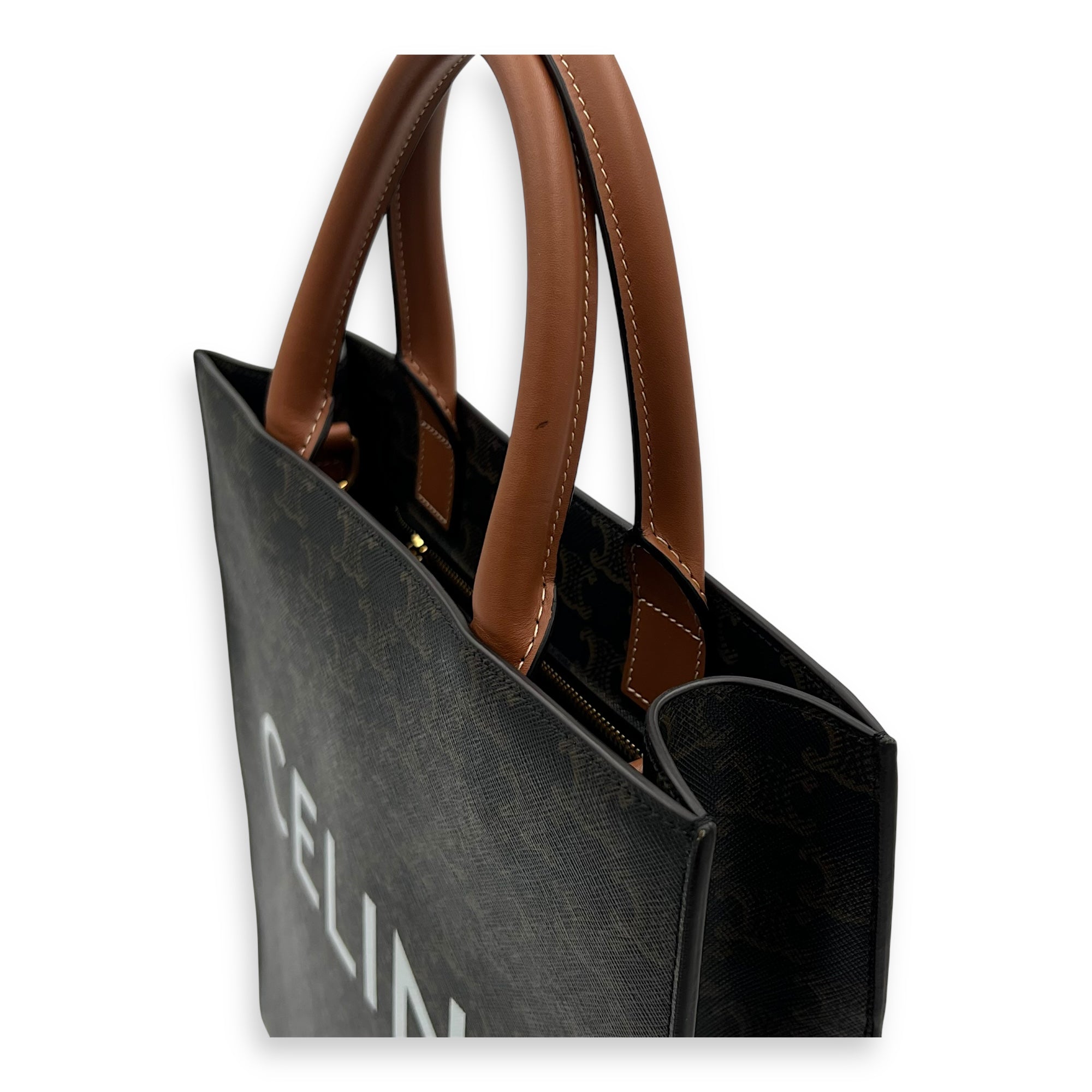 Celine Triomphe Top Handle Bag Brown in Coated Canvas, Gold hardware_5
