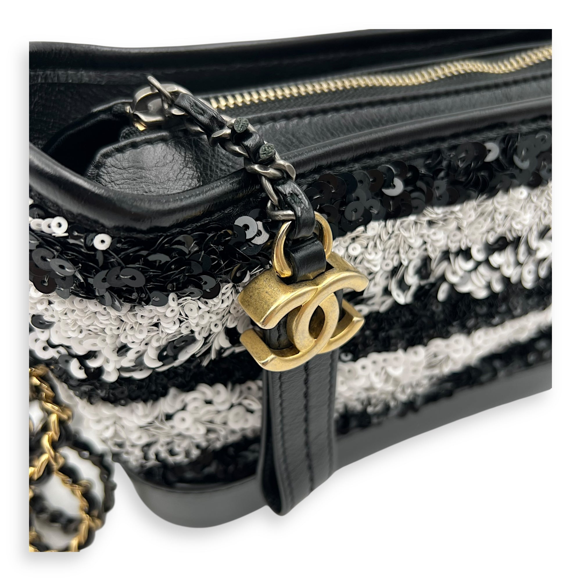 Chanel Gabrielle Small Black - White Shoulder Bag in Sequins, Gold hardware_9