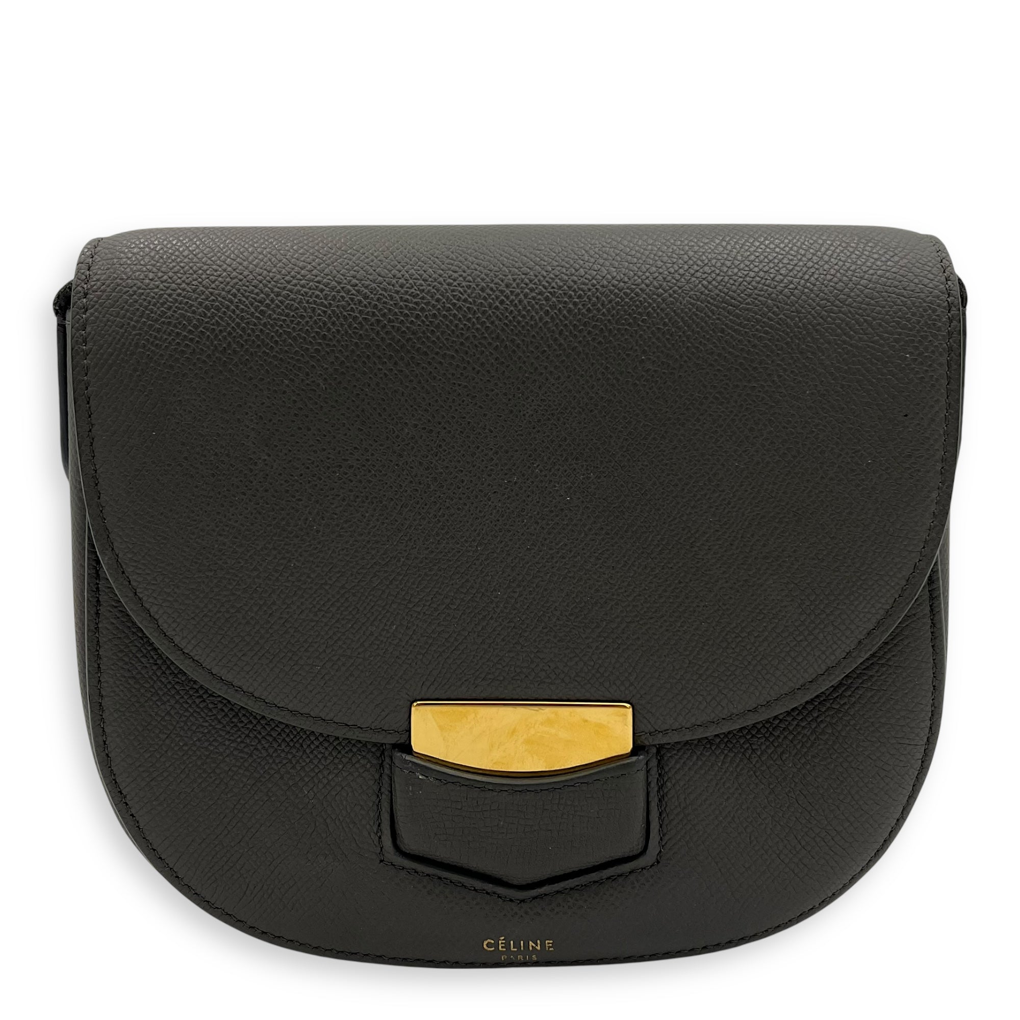 Celine Trotteur Crossbody Bag Grey in Calfskin, Gold hardware_1