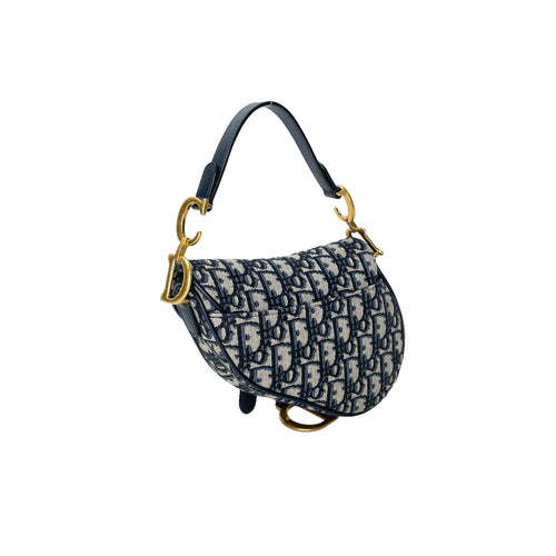 Saddle Mini Blue Top Handle Bag in Jacquard, Gold hardware