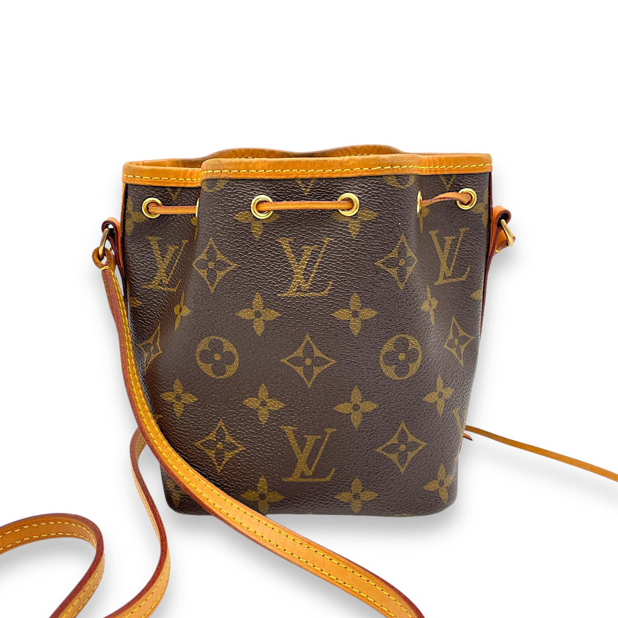 Noe Nano Brown Bucket Bag in Monogram Coated Canvas, Gold hardware