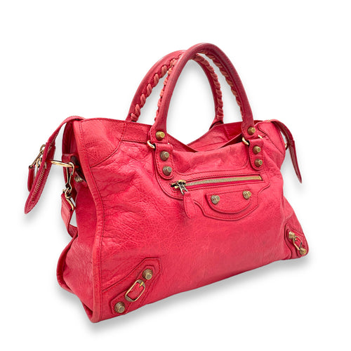 City Top Handle Bag Medium Pink in Distressed Leather, Gold hardware