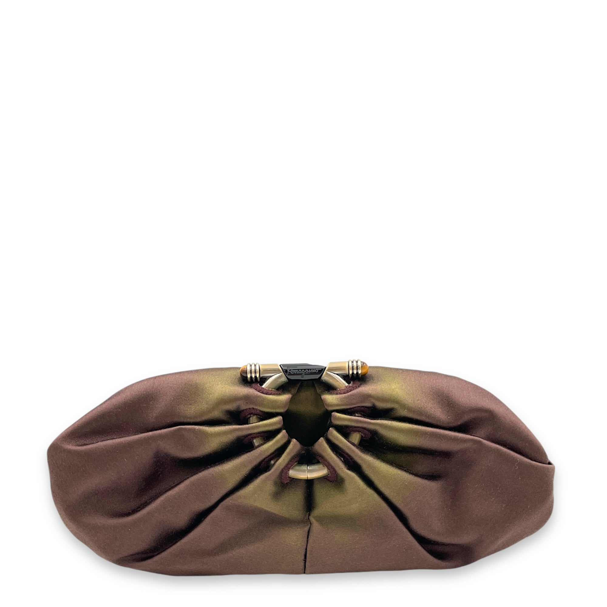 Gancini Brown Clutch in Satin, Silver hardware