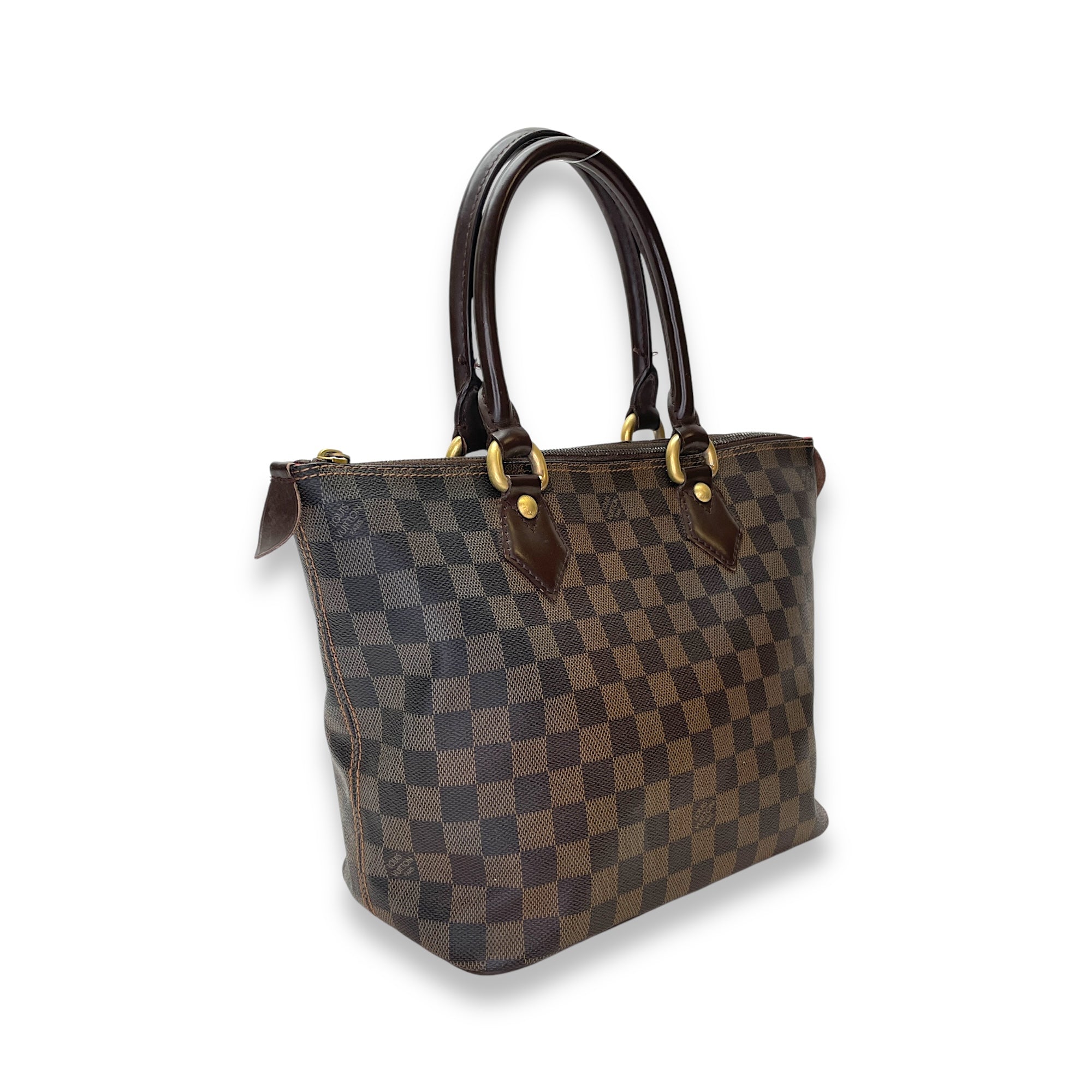 Saleya Top Handle Bag Damier Ebene in Coated Canvas, Gold hardware