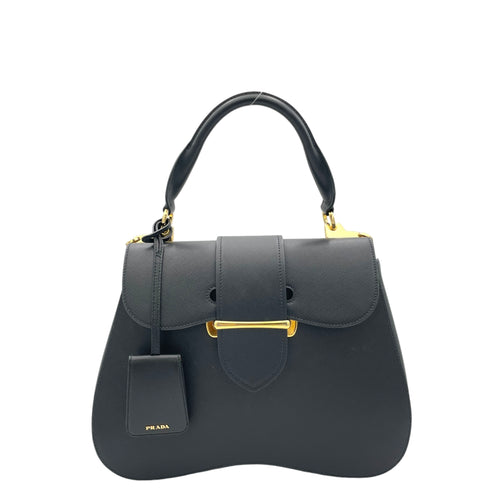 Sidonie Large Black Top Handle Bag in Saffiano Leather, Gold hardware