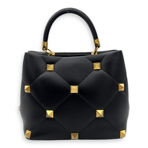 Roman Stud Top Handle Bag Medium Black in Calfskin, Gold hardware