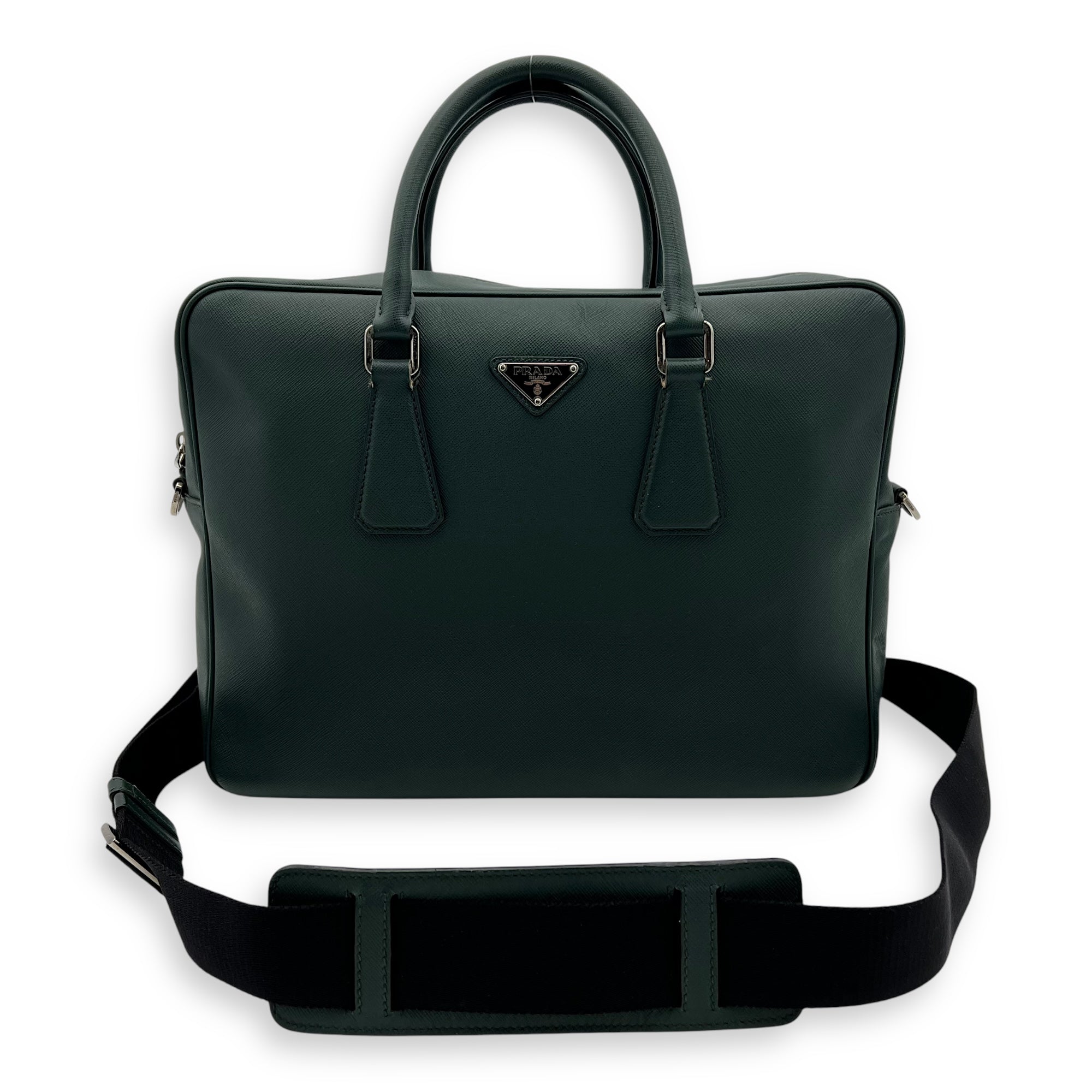 Prada Travel Line Large Green Brief case in Saffiano Leather, Silver hardware_14