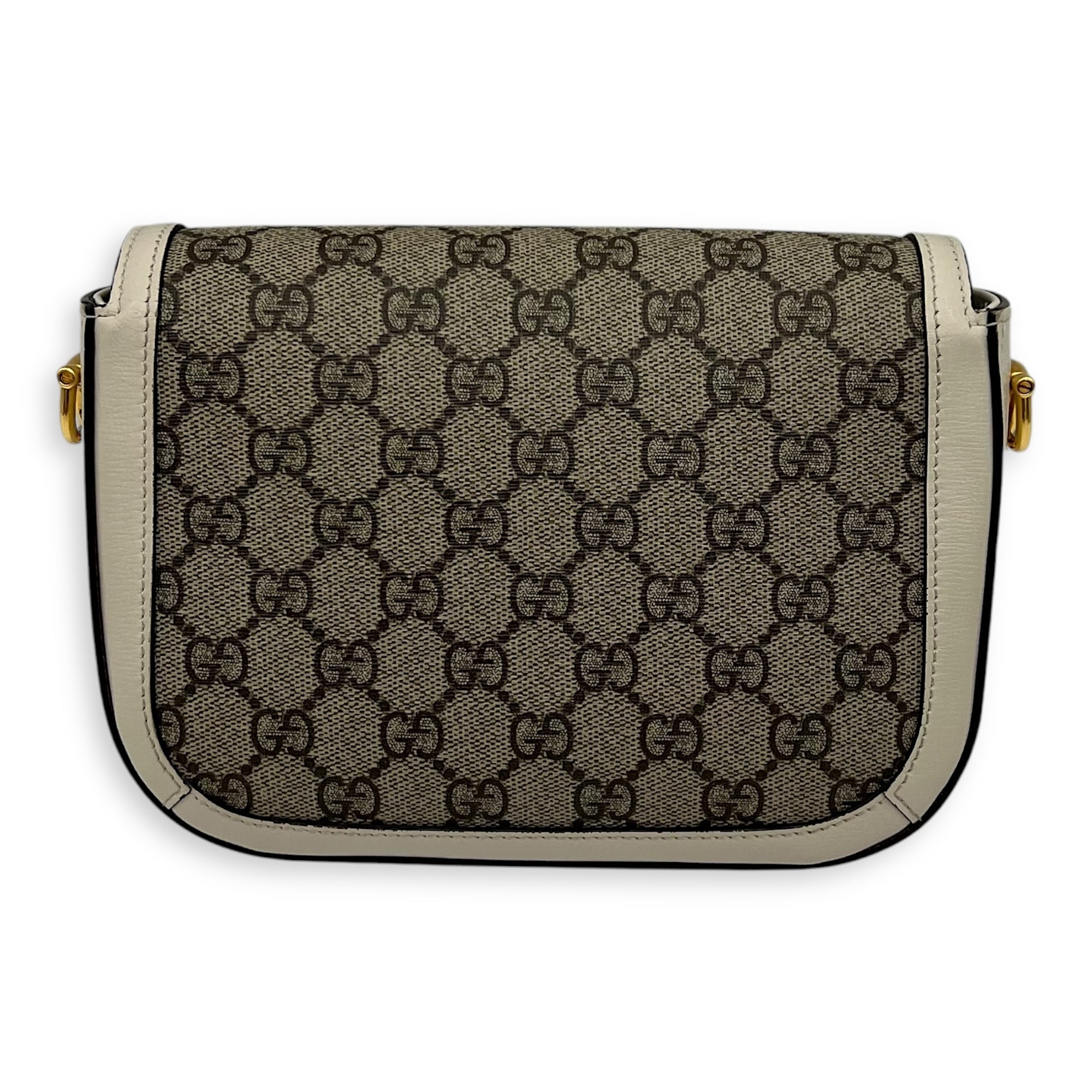 Gucci Horsebit 1955 Mini White Crossbody Bag in Coated Canvas, Gold hardware_2
