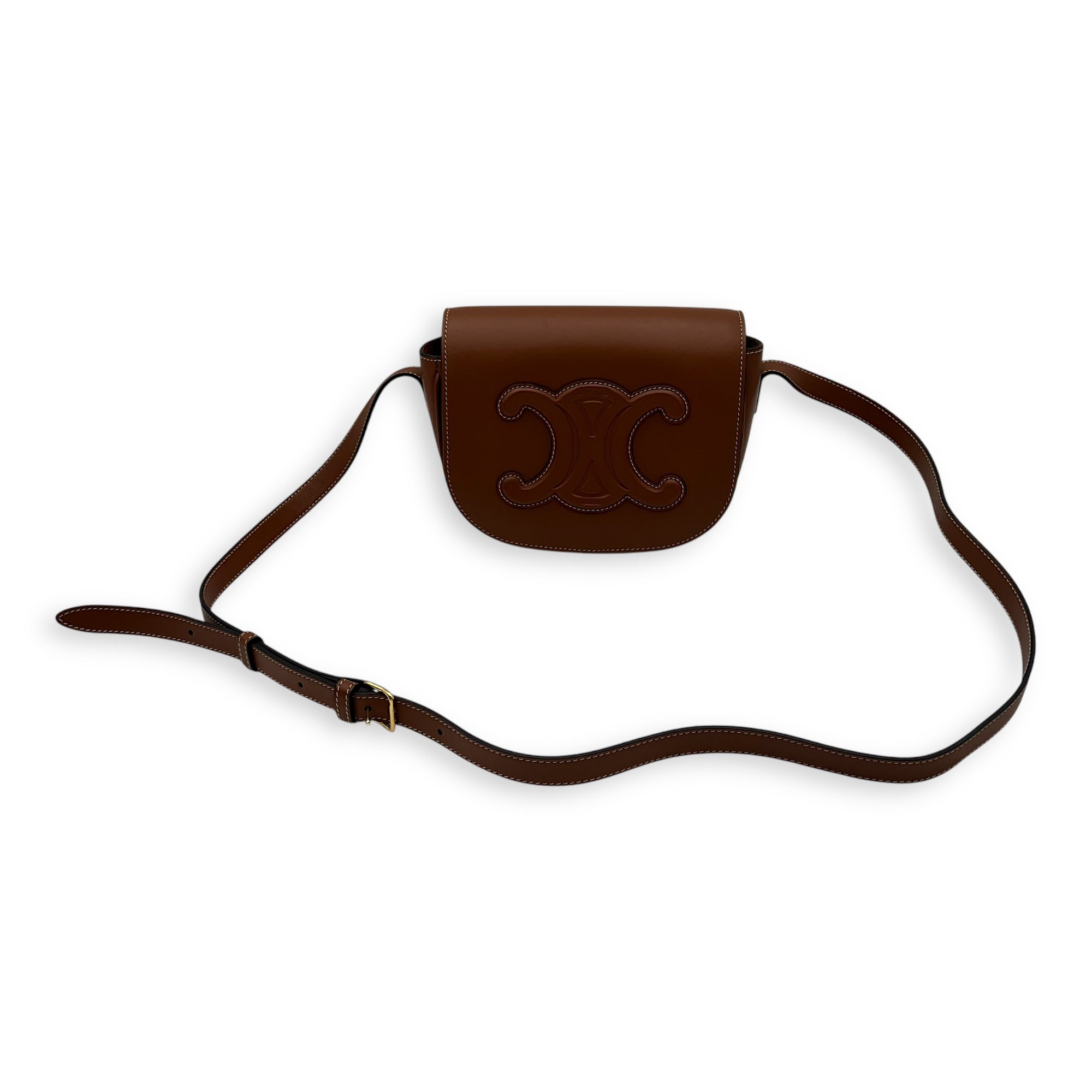 Celine Folco Crossbody Bag Brown in Calfskin, Gold hardware_10