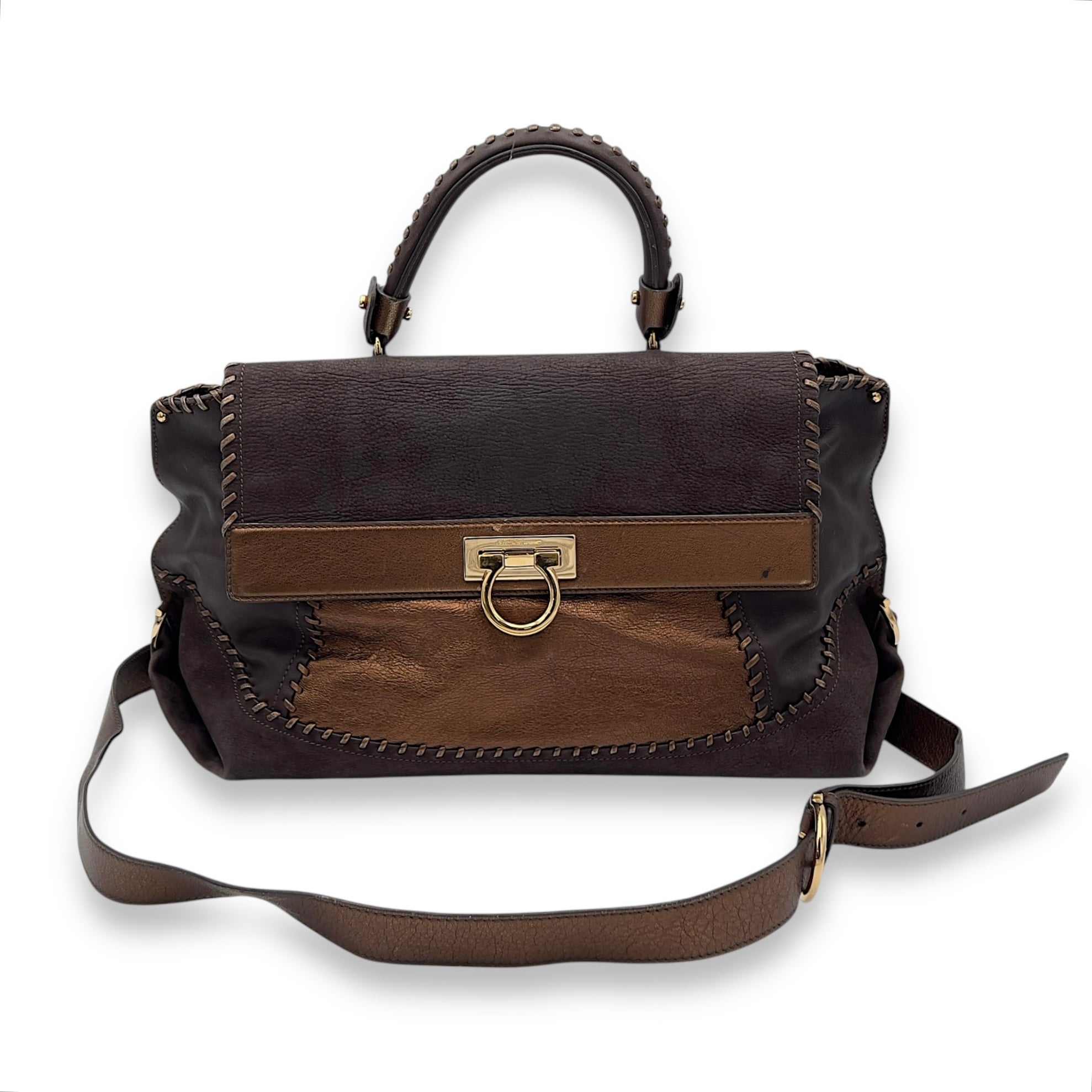 Ferragamo Tote Top Handle Bag Medium Brown in Calfskin, Gold hardware_13