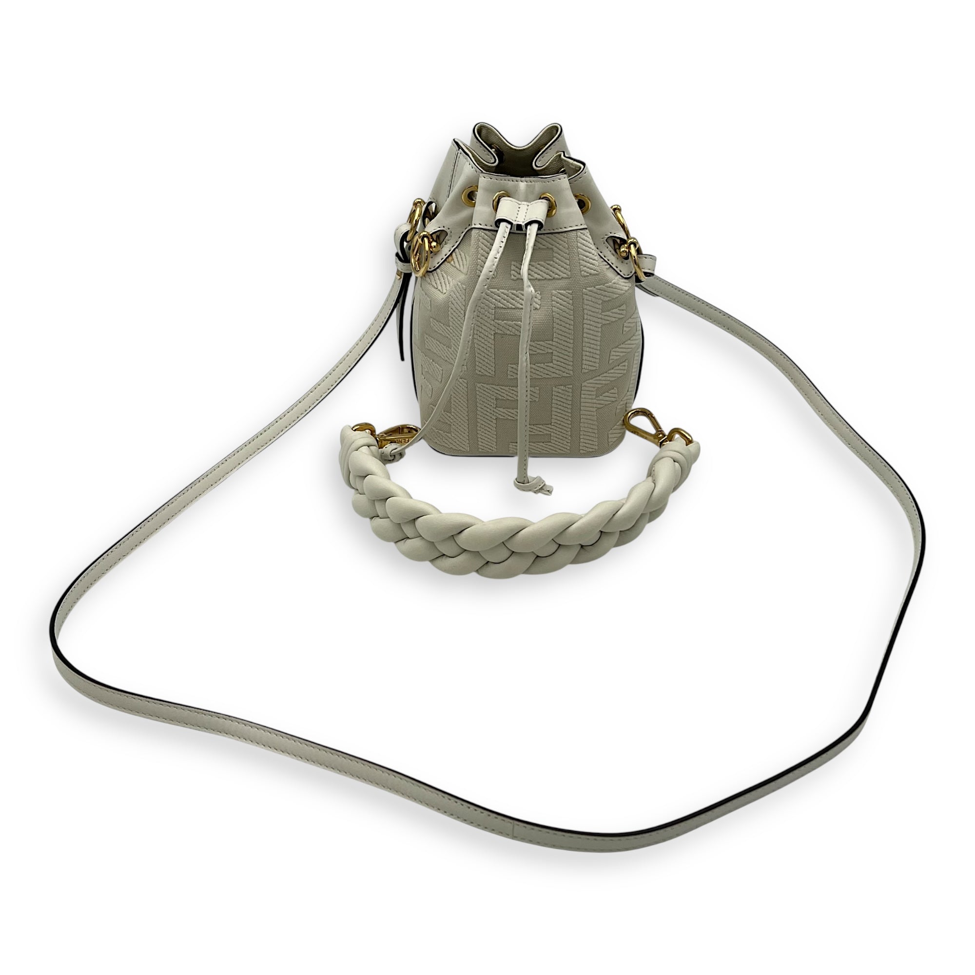 Fendi Mon Tresor Mini White Bucket Bag in Canvas, Silver hardware_16