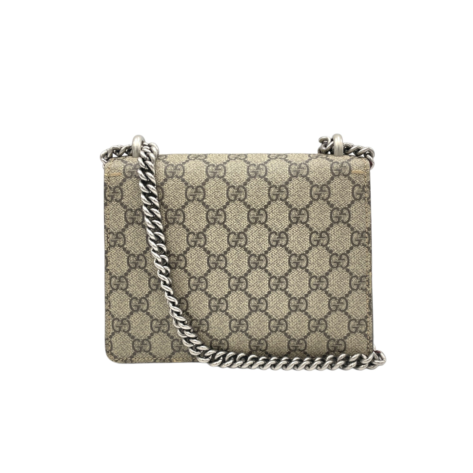 Dionysus Mini Brown Crossbody Bag in Monogram Coated Canvas, Silver hardware