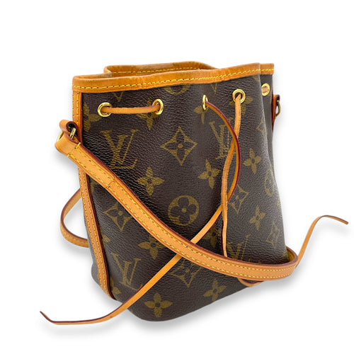 Noe Nano Brown Bucket Bag in Monogram Coated Canvas, Gold hardware