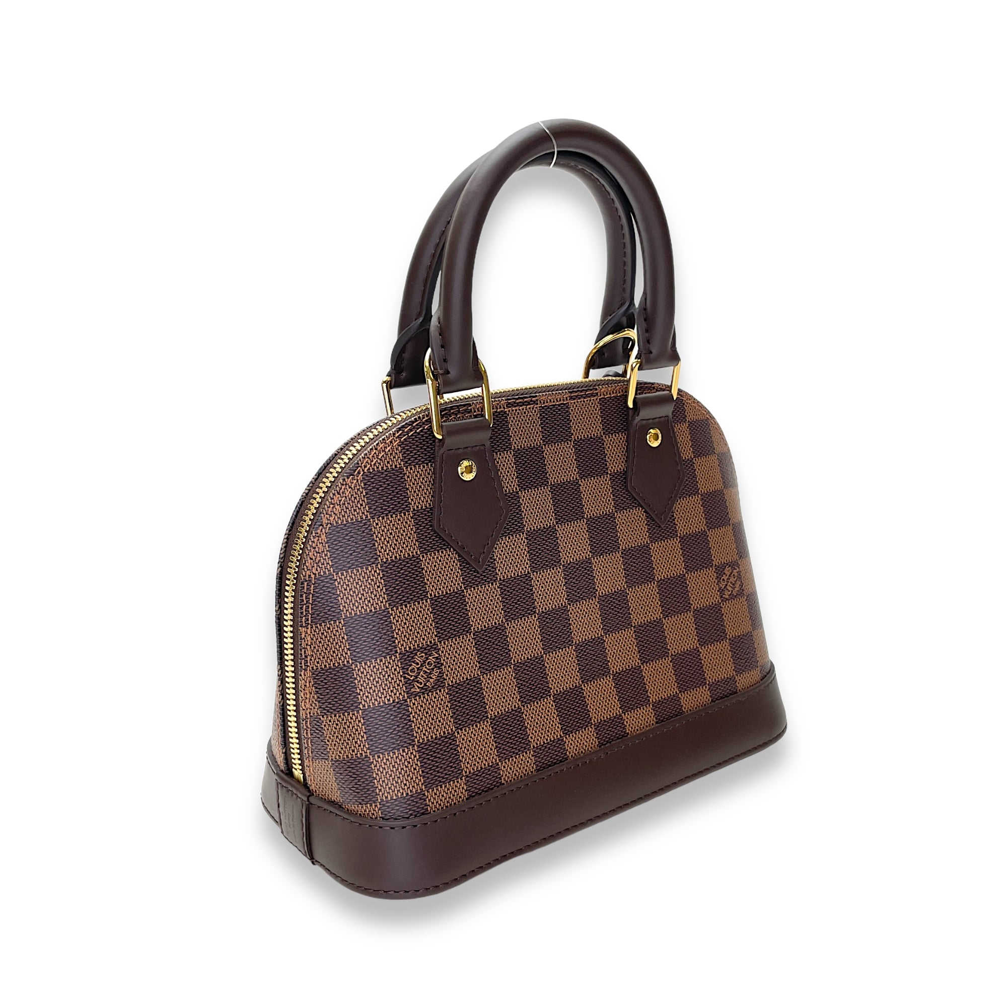 Alma Top Handle Bag BB Damier Ebene in Coated Canvas, Gold hardware