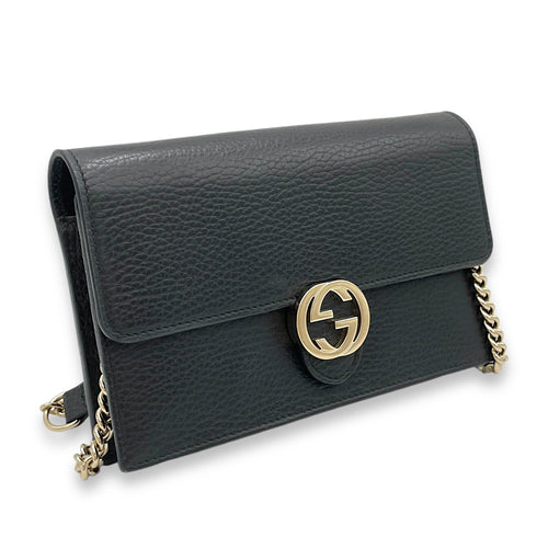 Interlocking G Wallet On Chain Black in Calfskin, Light Gold hardware