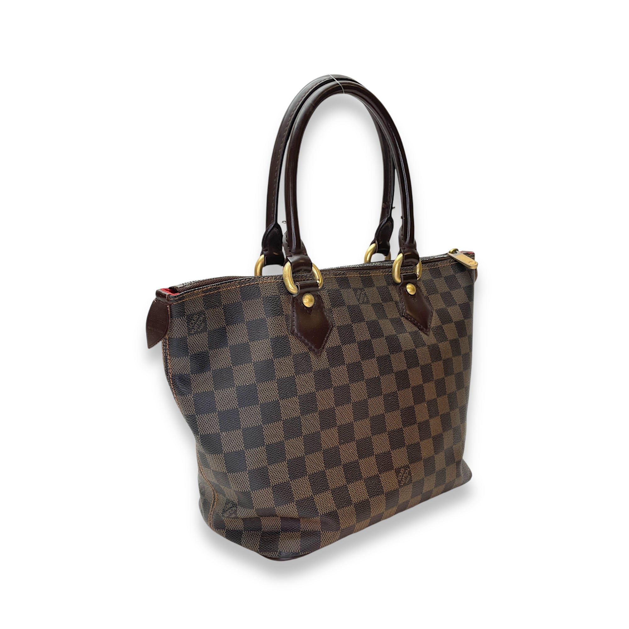 Saleya Top Handle Bag Damier Ebene in Coated Canvas, Gold hardware