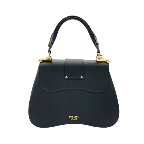 Sidonie Large Black Top Handle Bag in Saffiano Leather, Gold hardware