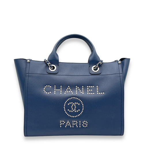 Deauville Top Handle Bag Blue in Caviar Leather, Silver hardware