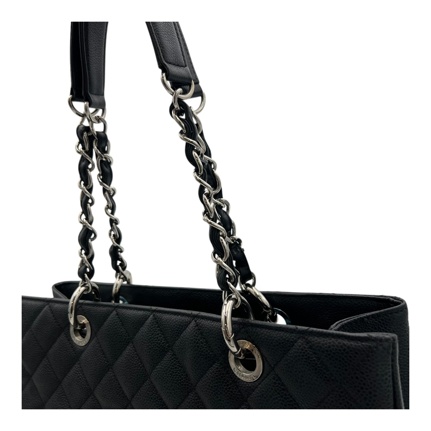 GST Black Tote Bag in Caviar Leather, Silver hardware