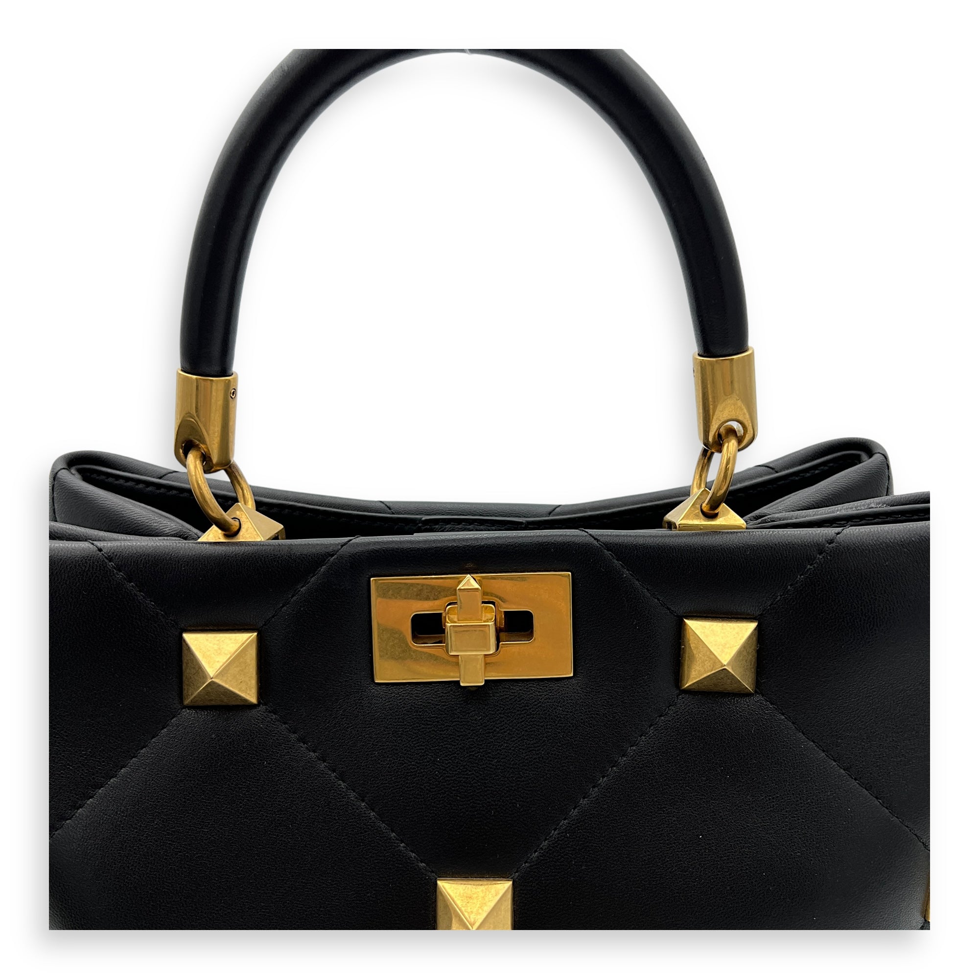 Roman Stud Top Handle Bag Medium Black in Calfskin, Gold hardware