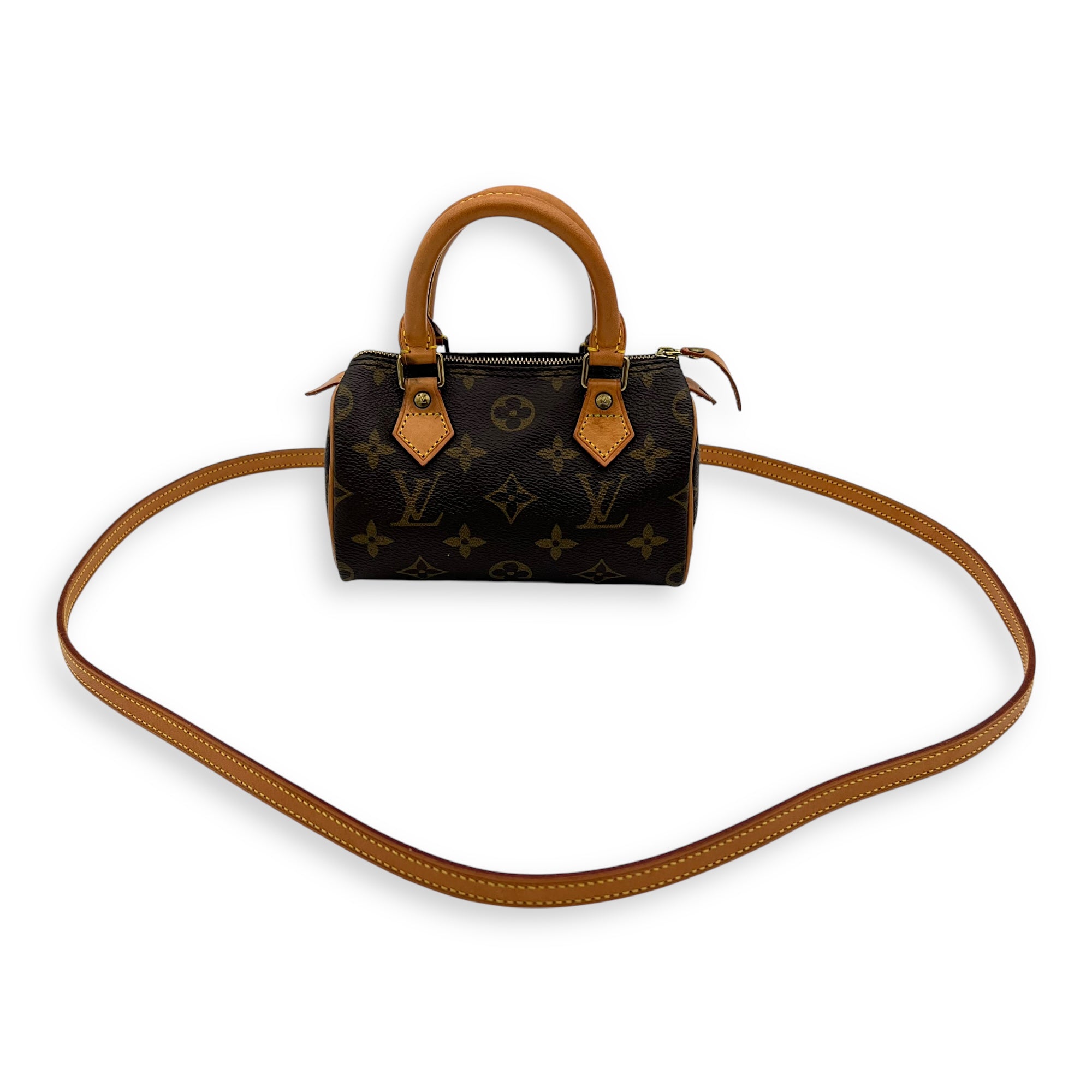 Louis Vuitton Speedy Nano Brown Crossbody Bag in Monogram Coated Canvas, Gold hardware_12