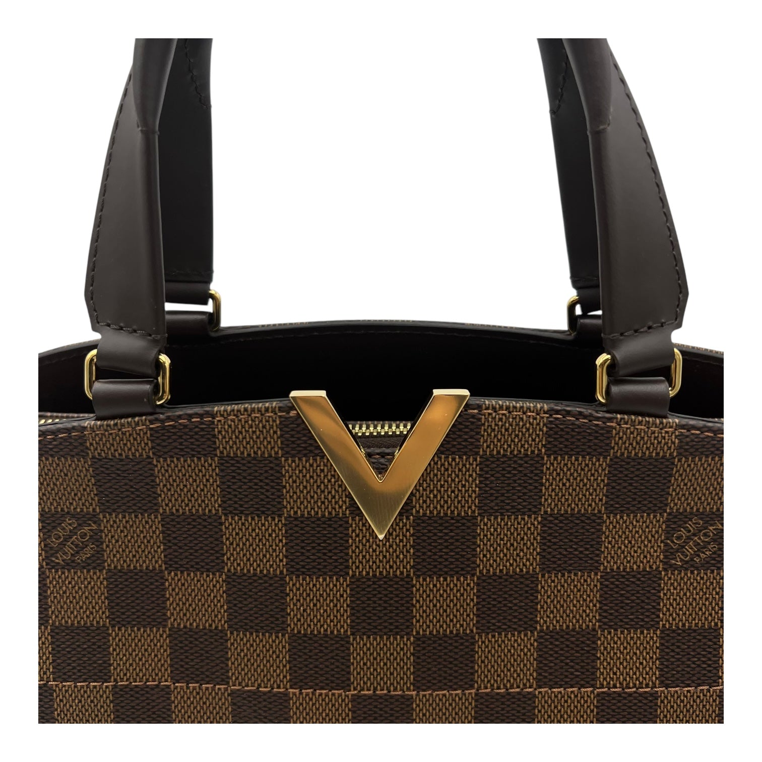 Louis Vuitton Kensington Top Handle Bag Damier Ebene in Coated Canvas, Gold hardware_7