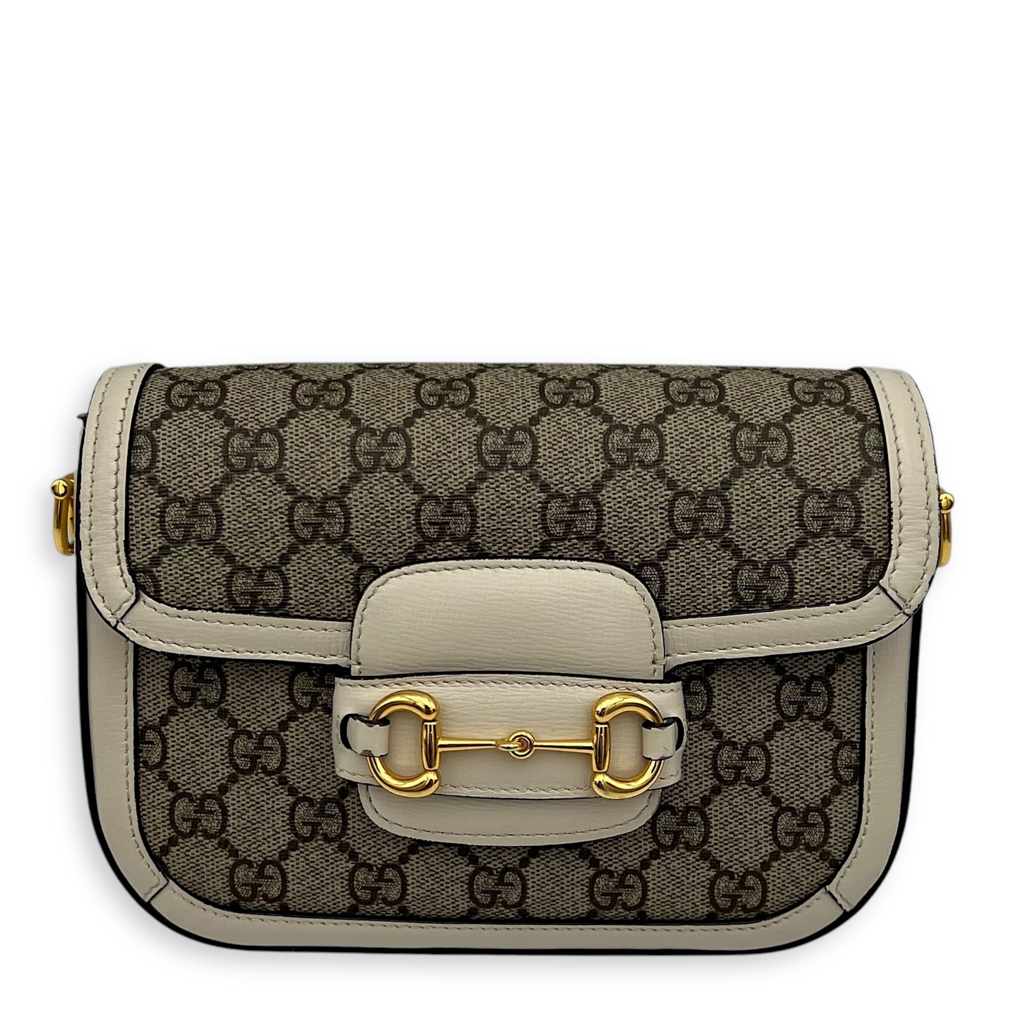 Gucci Horsebit 1955 Mini White Crossbody Bag in Coated Canvas, Gold hardware_1