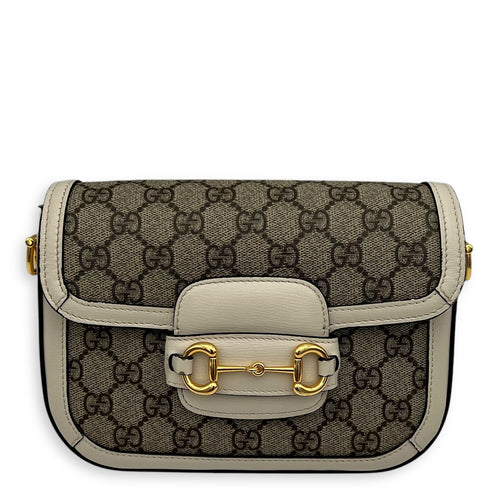 Gucci Horsebit 1955 Mini White Crossbody Bag in Coated Canvas, Gold hardware_1