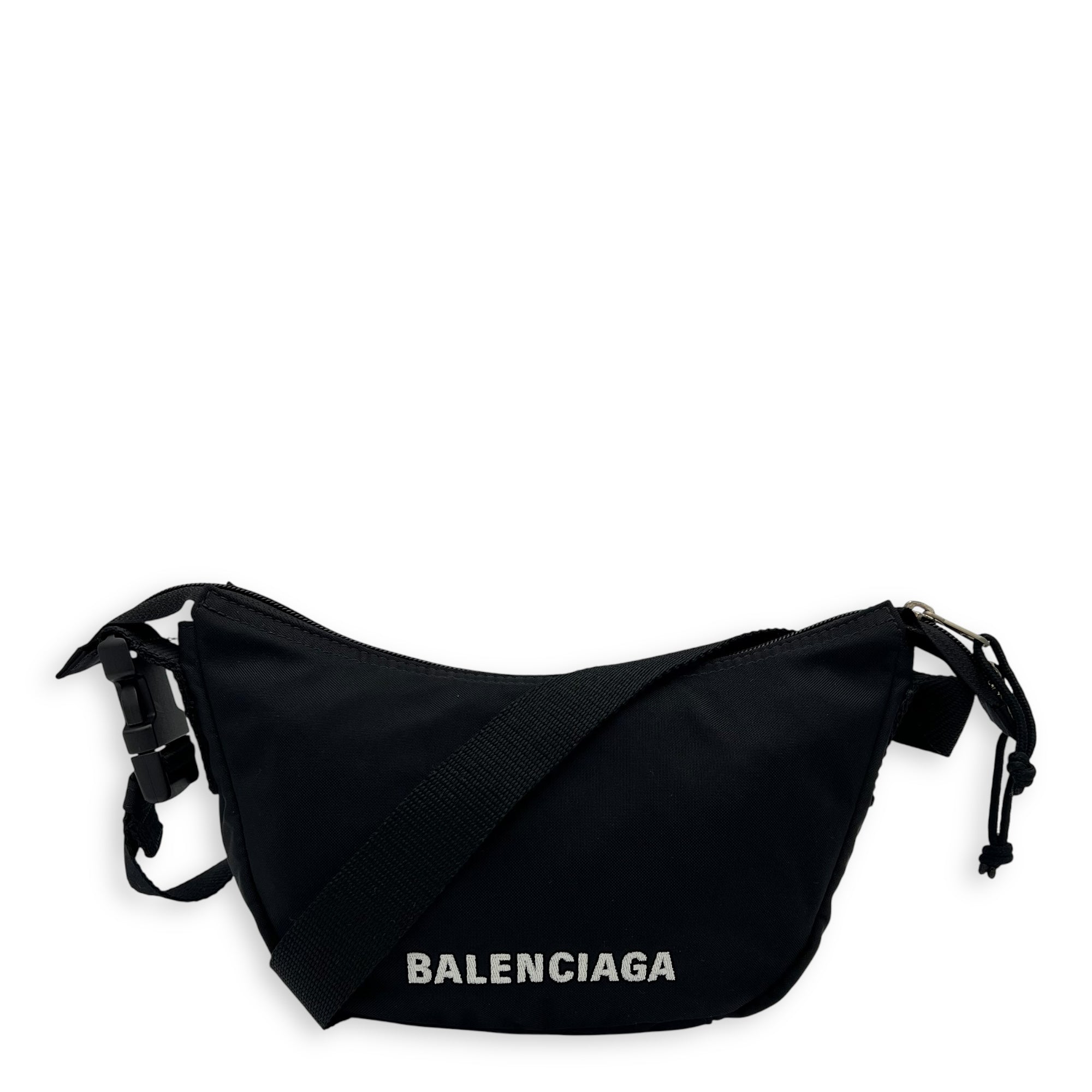 Balenciaga Logo Shoulder Bag Black in Canvas, Silver hardware_1