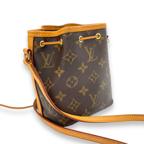 Noe Nano Brown Bucket Bag in Monogram Coated Canvas, Gold hardware