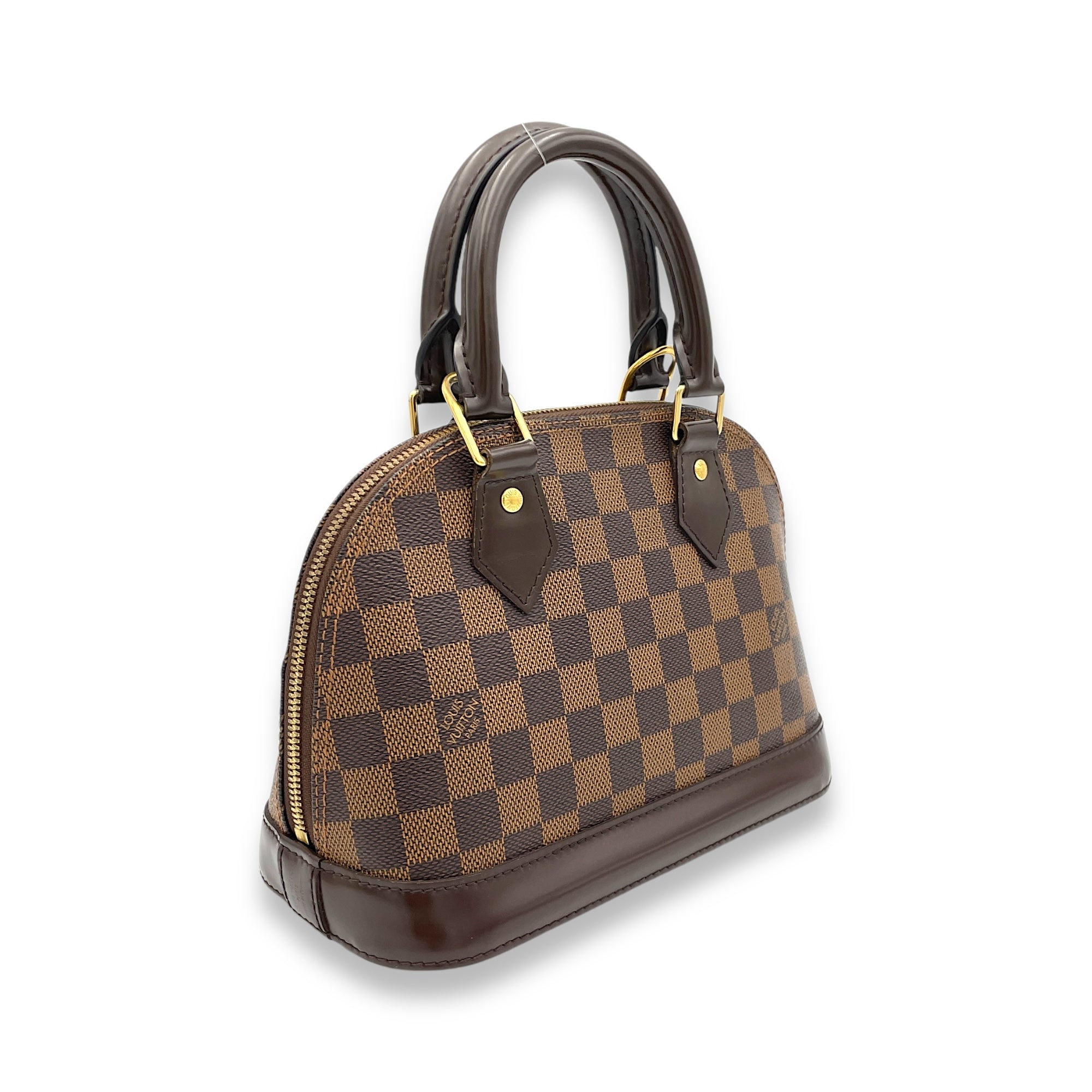 Alma BB Damier Ebene Top Handle Bag in Coated Canvas, Gold hardware