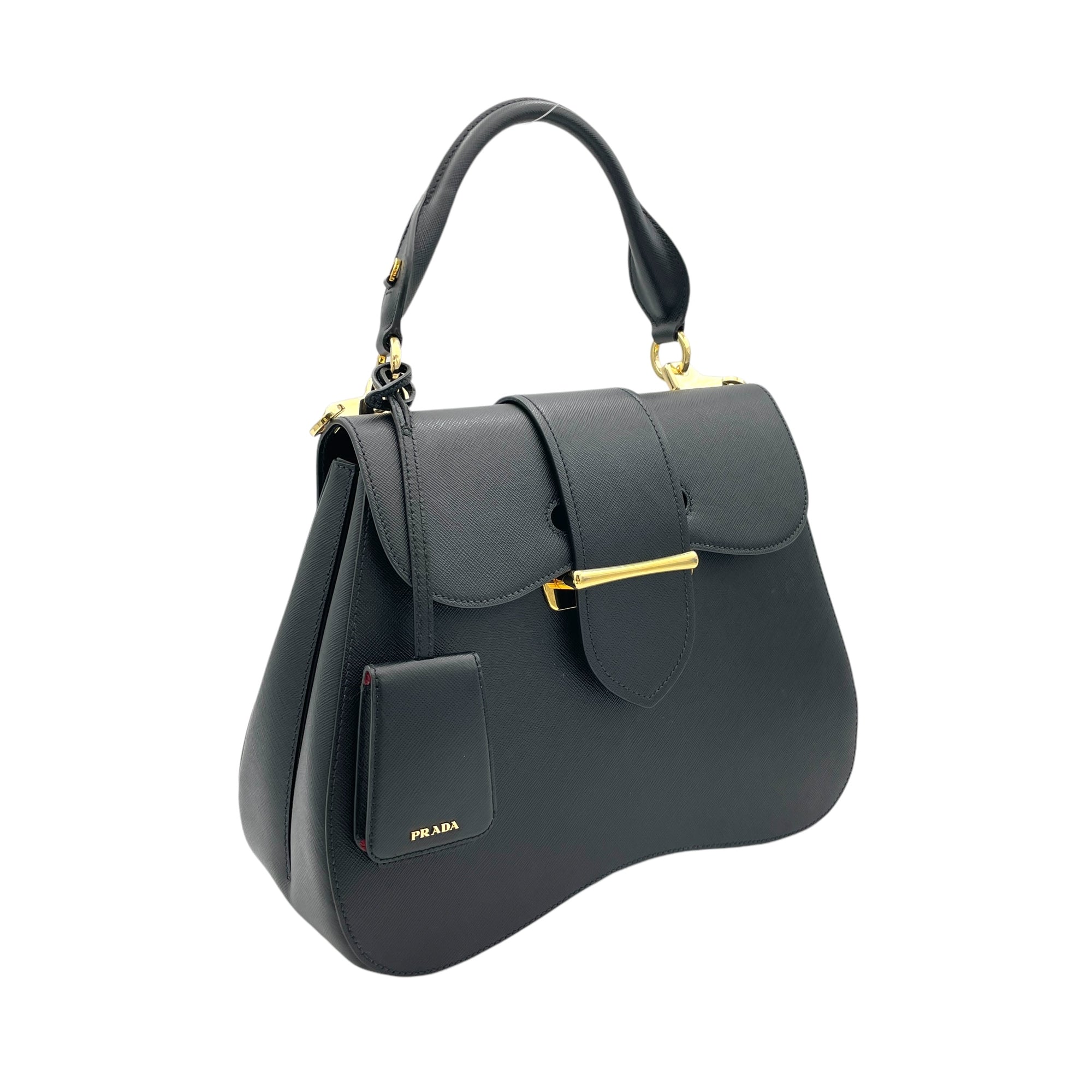 Sidonie Large Black Top Handle Bag in Saffiano Leather, Gold hardware