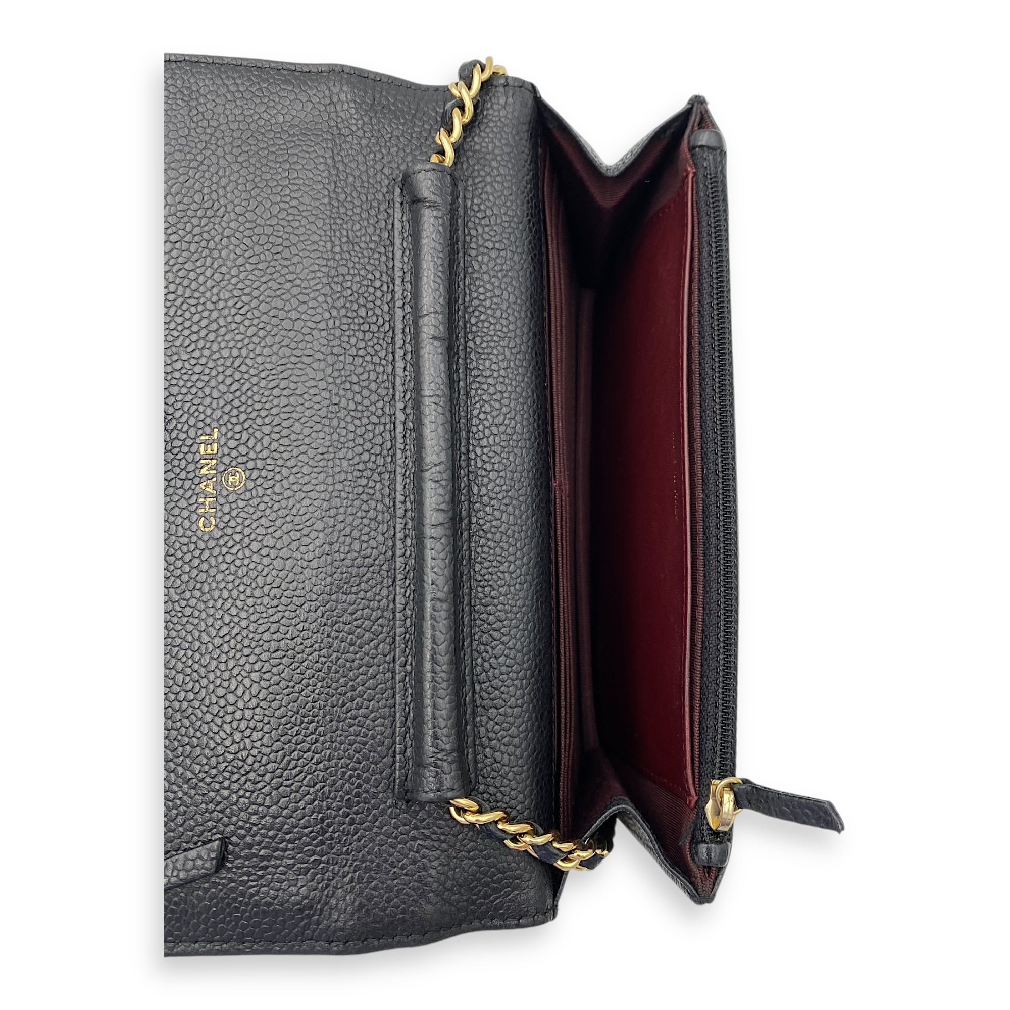 WOC Wallet On Chain Small Black in Caviar Leather, Gold hardware